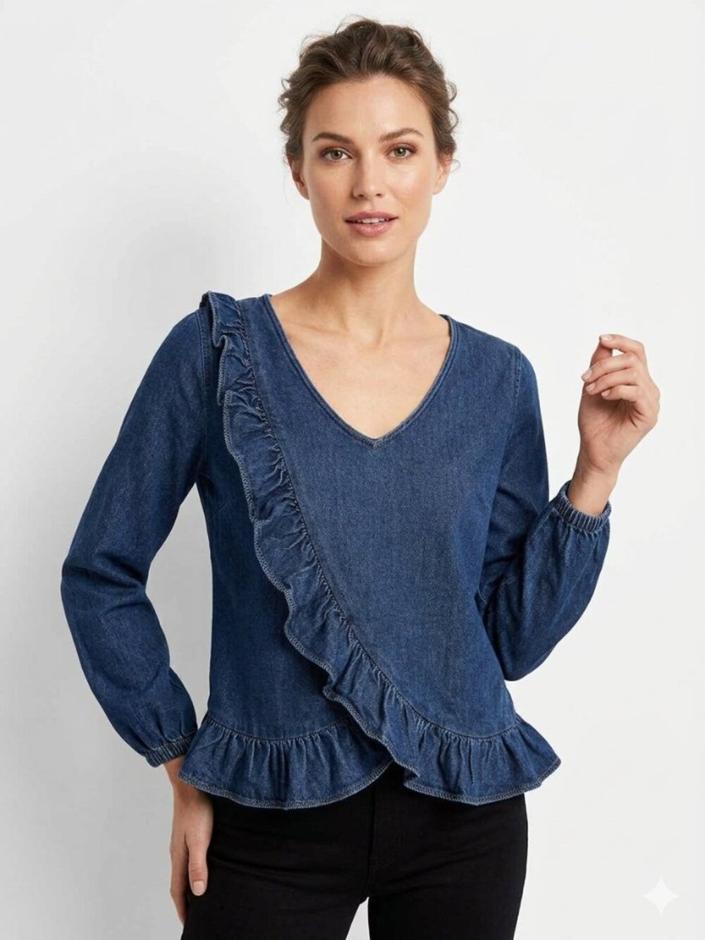 Madewell cotton ruffle blue denim top, long sleeve, size S